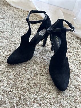 Calvin Klein Black Suede Pointed-Toe Ankle-Strap Heels